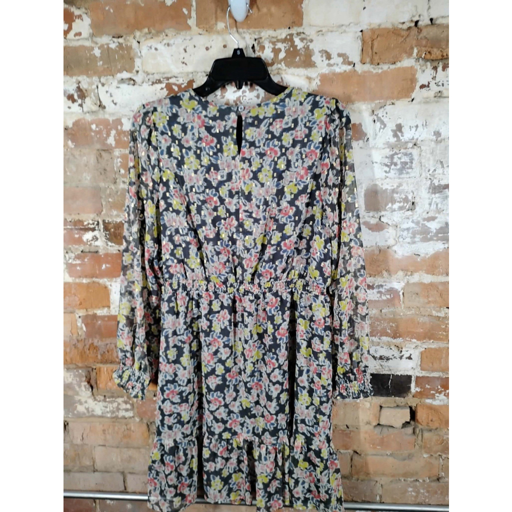 NWTLoft Shimmer Floral Smocked Flounce Dress Long Sleeve Gray Pink Feminine Sz M - Picture 2 of 4